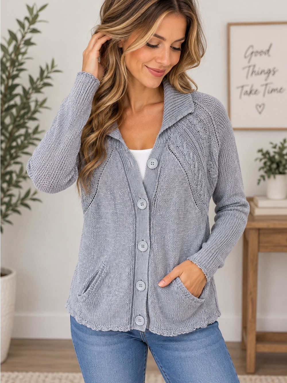 Poetry Womenβs Gray Cable Knit Button Front Cardigan Sweater